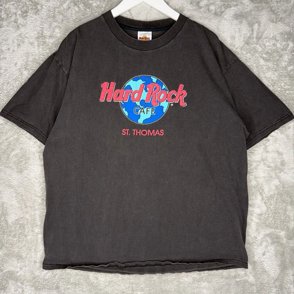 Vtg 90s Hard Rock Cafe T-Shirt Mens XL St. Thomas Faded Black Fader USA Earth